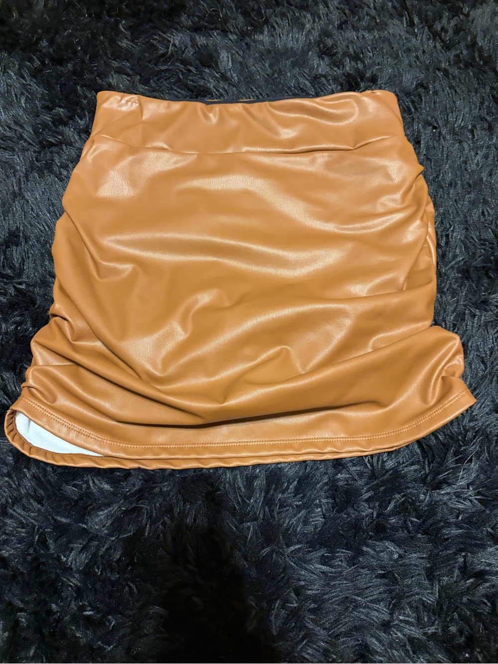 Halara Faux Leather Ruched Mini Skirt - Tan with built in shapewear